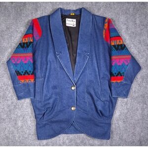 Vintage Pioneer Wear Denim Jacket Womens XL Blue Southwestern Knit Sleeve USA